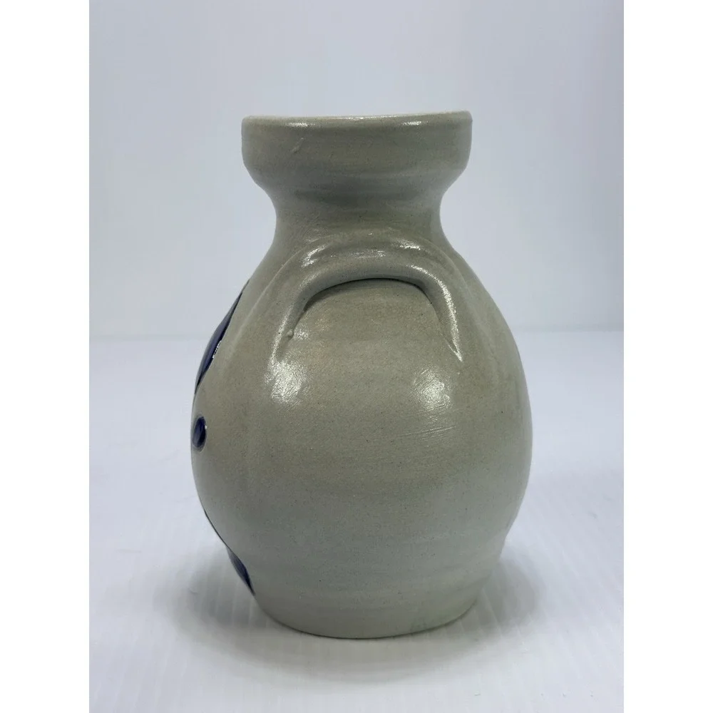 Vintage Williamsburg Pottery Stoneware Salt Glaze Vase‎ Blue Floral Flower 6.5